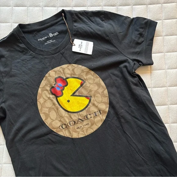 Coach Women’s Black Tee with Yellow Pac-Man Signature Design - Picture 2 of 4